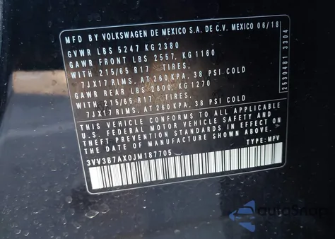 2018 Volkswagen Tiguan 2.0T Se/2.0T Sel из США, поврежденный, VIN 3VV3B7AX0JM187705